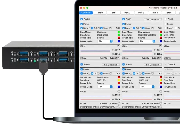 laptop running hubtool with Acroname hub attached